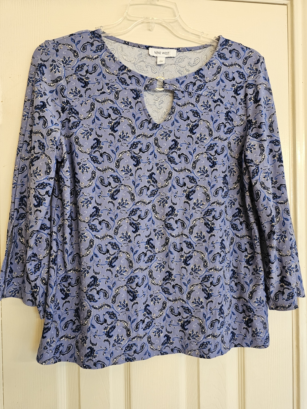 Nine West Blue Paisley Keyhole Blouse